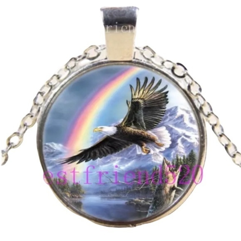 Eagle With Rainbow Glass Silver Pendant Necklace